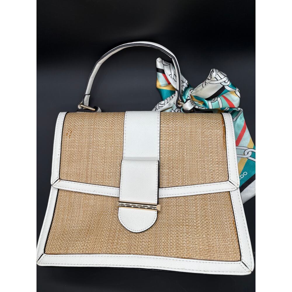 ALDO Straw & Faux Leather Top Handle Satchel Handbag White Beige Scarf Accent